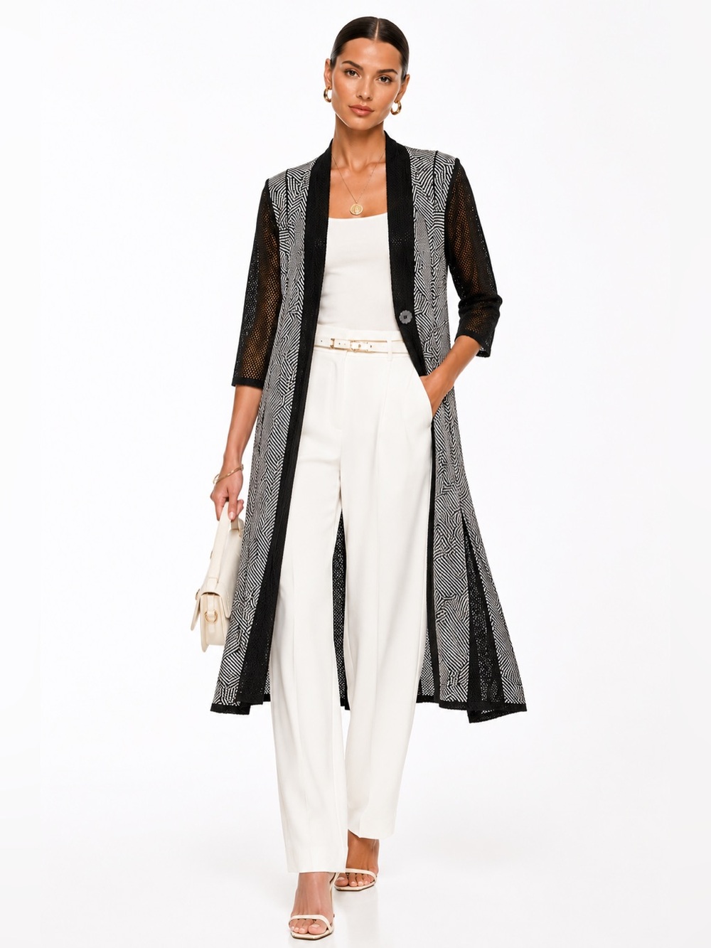 Joseph Ribkoff Black Sheer Geometric Long Duster sweater